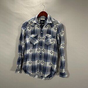 American Eagle Outfitters Blouse Womens XS Boyfriend Fit Snap Blue Plaid Shirt